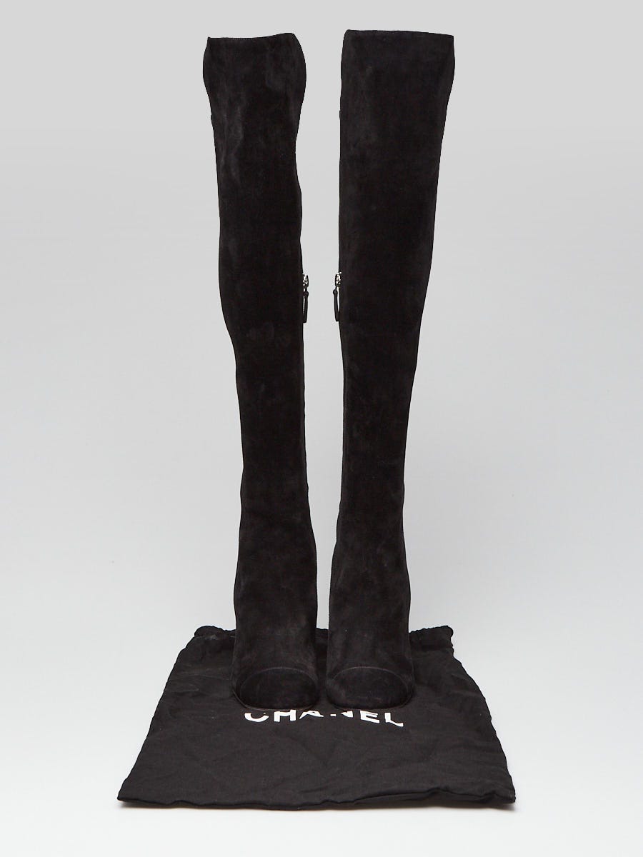Chanel Black Suede Over the Knee Cap Toe CC Boots Size 7.5
