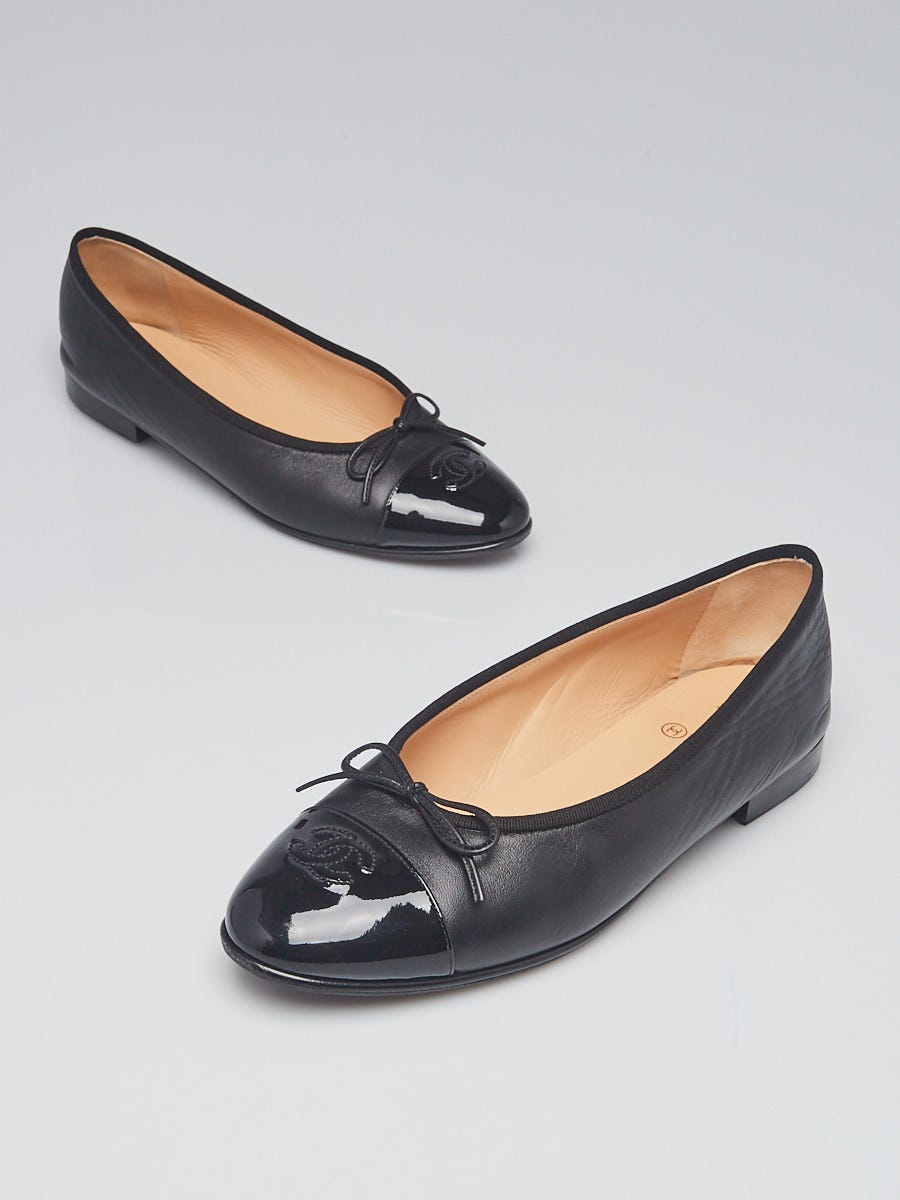 Chanel Black Lambskin Leather CC Cap Toe Ballet Flats Size 10.5/41