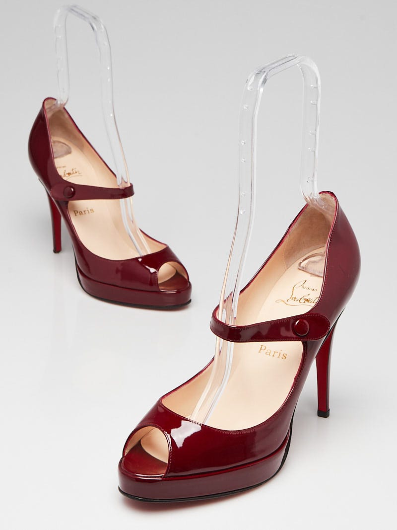 Christian Louboutin Burgundy Patent Leather Zeppa Peep Toe Mary Jane Pumps Size 10.5/41 - Yoogi's