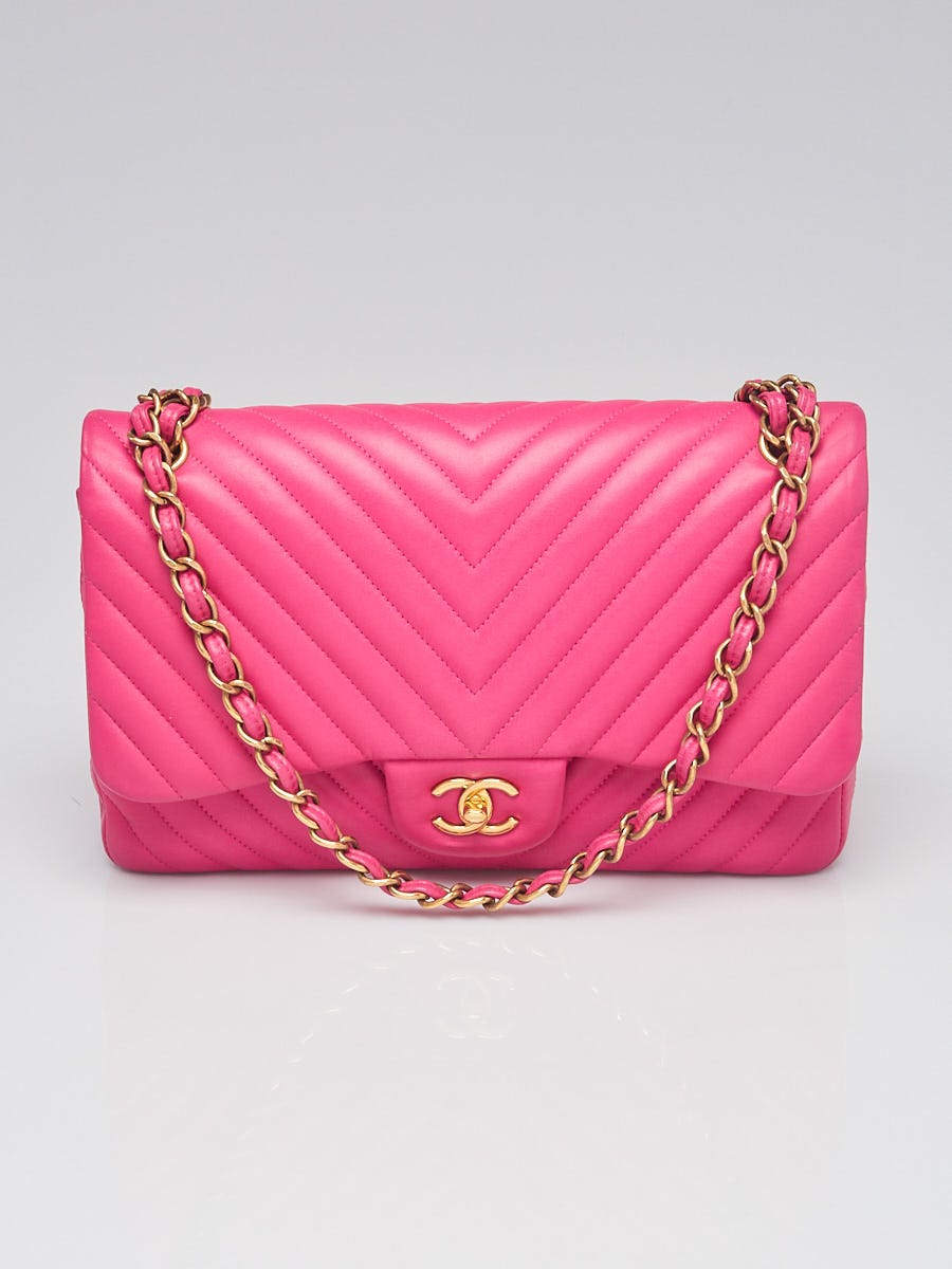 Chanel Pink Chevron Quilted Lambskin Leather Classic Jumbo Double Flap Bag  - Yoogi's Closet