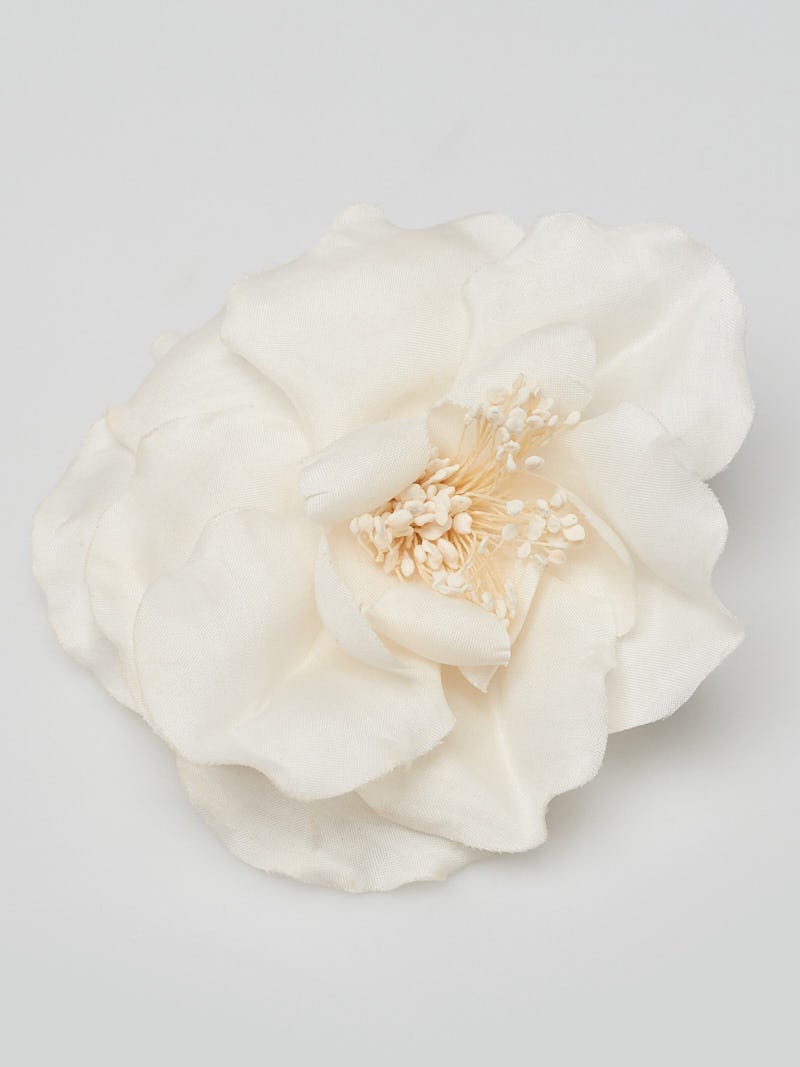Chanel White Silk Camellia Flower Brooch - Yoogi's Closet
