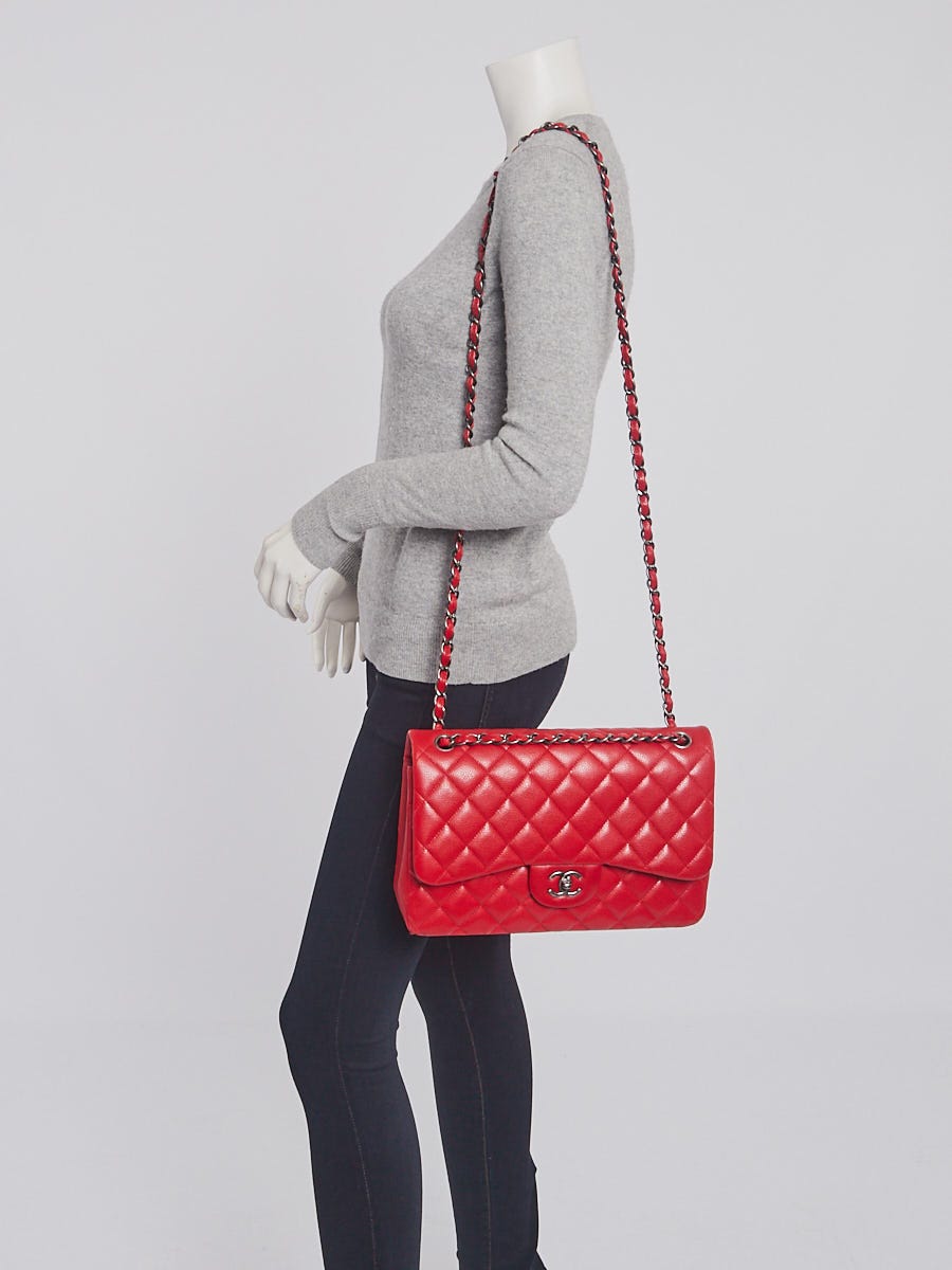Chanel Red Quilted Caviar Leather Classic Jumbo Double Flap Bag - Yoogi's  Closet