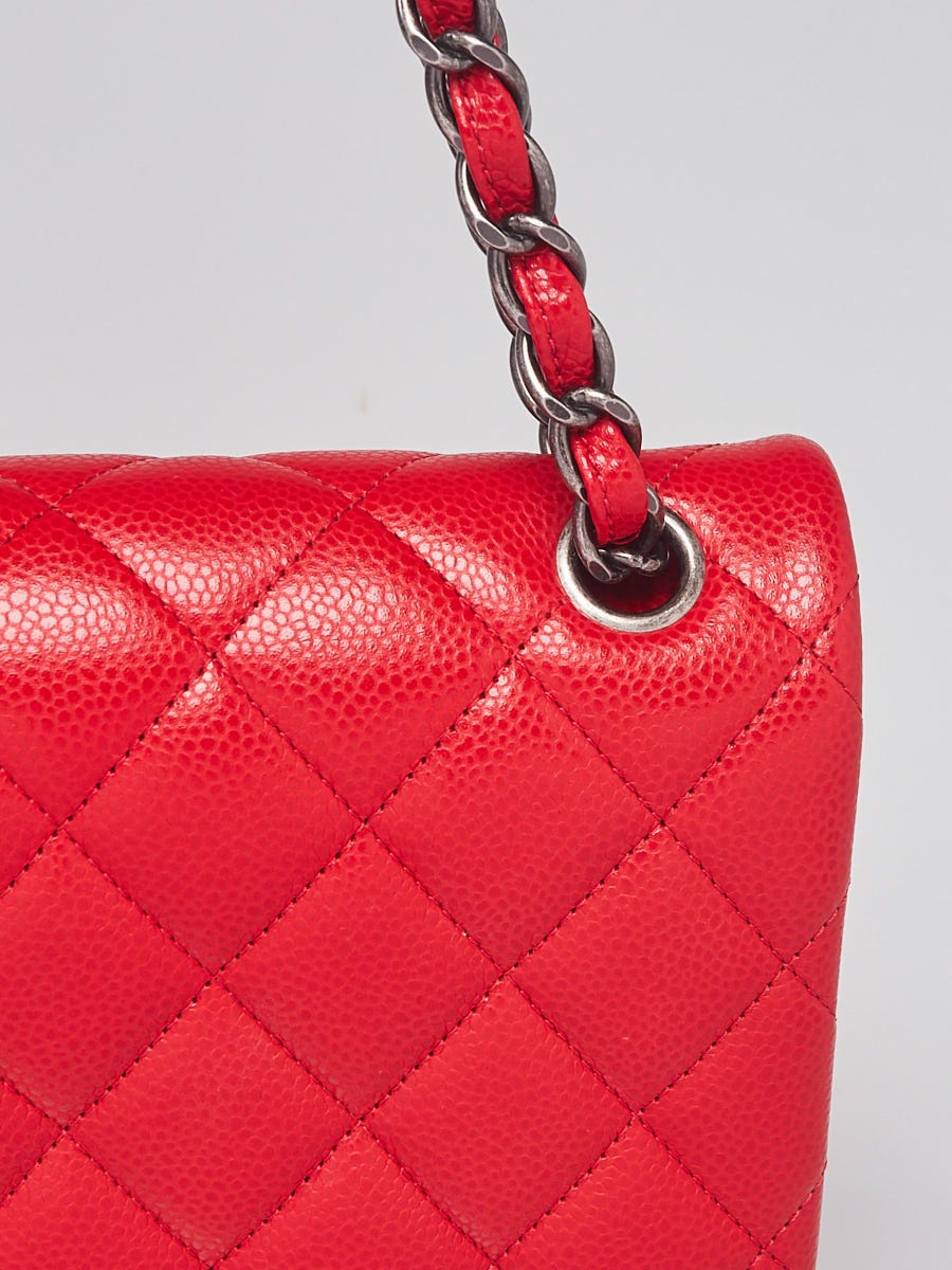 Chanel Red Quilted Caviar Jumbo Classic Single Flap Silver