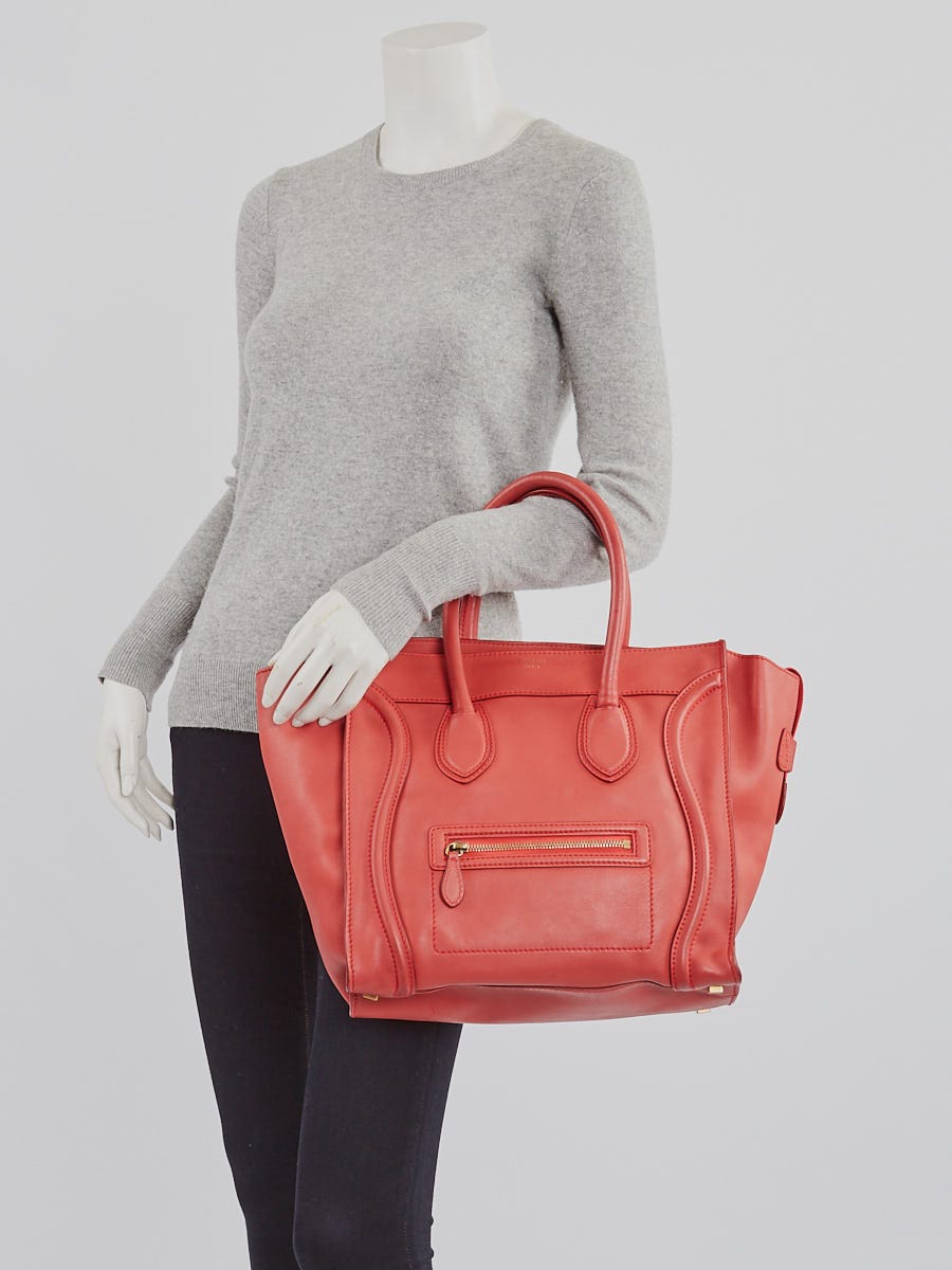 Celine Red Smooth Calfskin Leather Mini Luggage Tote Bag 