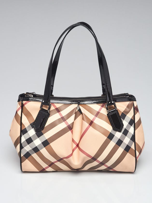 Burberry Black Patent Leather Supernova Check Coated Canvas Melbury Medium Tote Bag