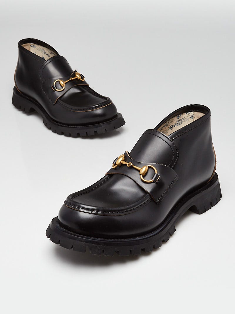 Gucci Black Leather Lug Sole Horsebit Loafers Men's Size 7