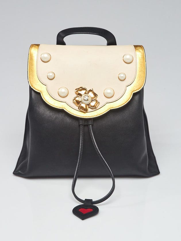 Gucci Black/White Leather Pearl Studded Backpack Bag