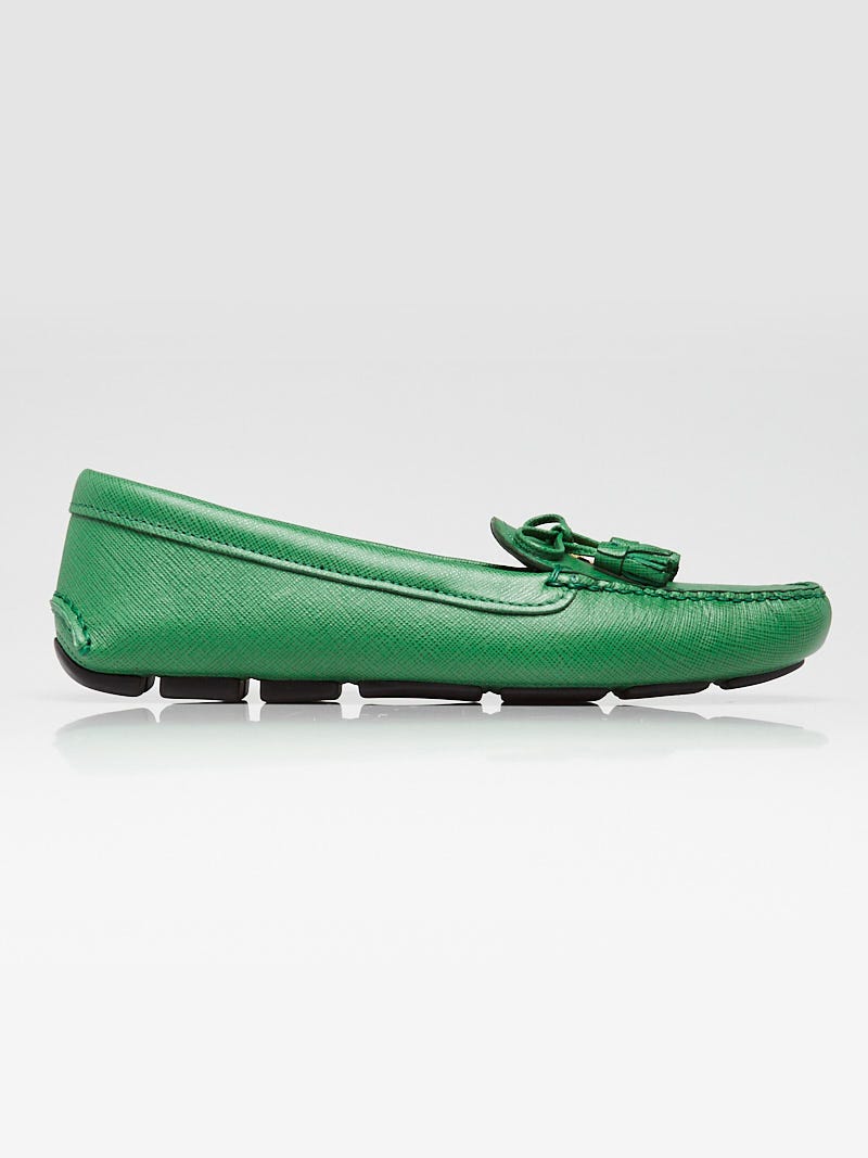 Prada Green Saffiano Leather Driving Loafers Size 7/37.5