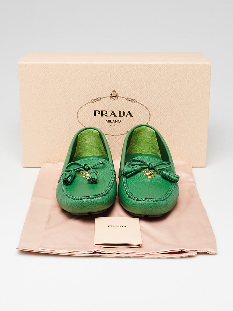 Prada Green Saffiano Leather Driving Loafers Size 7 37.5 Yoogi s Closet