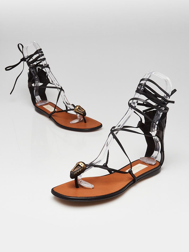 Valentino Black Leather Rockstud Gladiator Embellished Sandals Size 7.5/38  - Yoogi's Closet