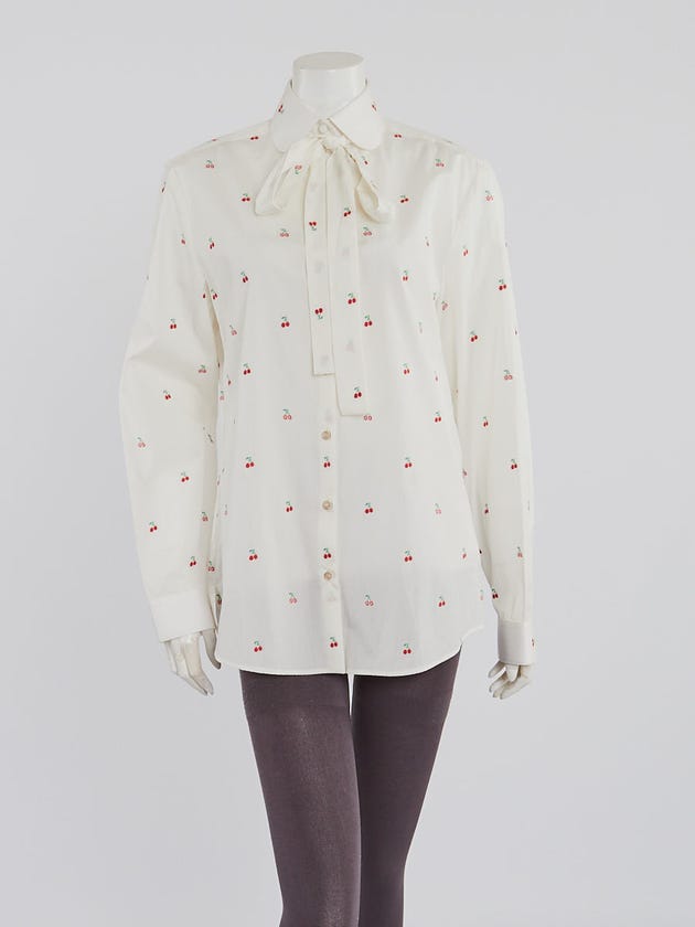 Gucci White Cotton Cherry/GG Tie Neck Button Down Blouse Size 8/42