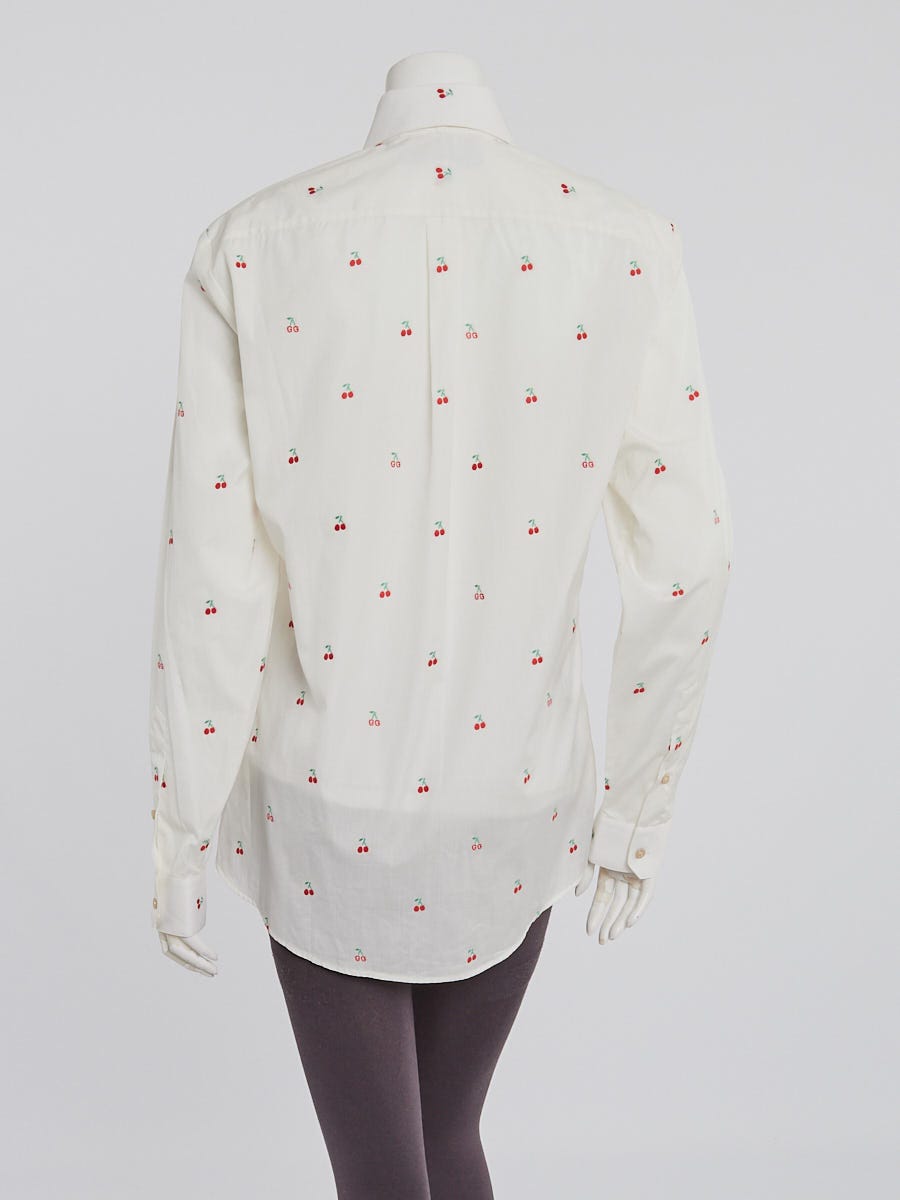 Gucci White Cotton Cherry/GG Tie Neck Button Down Blouse Size 8/42