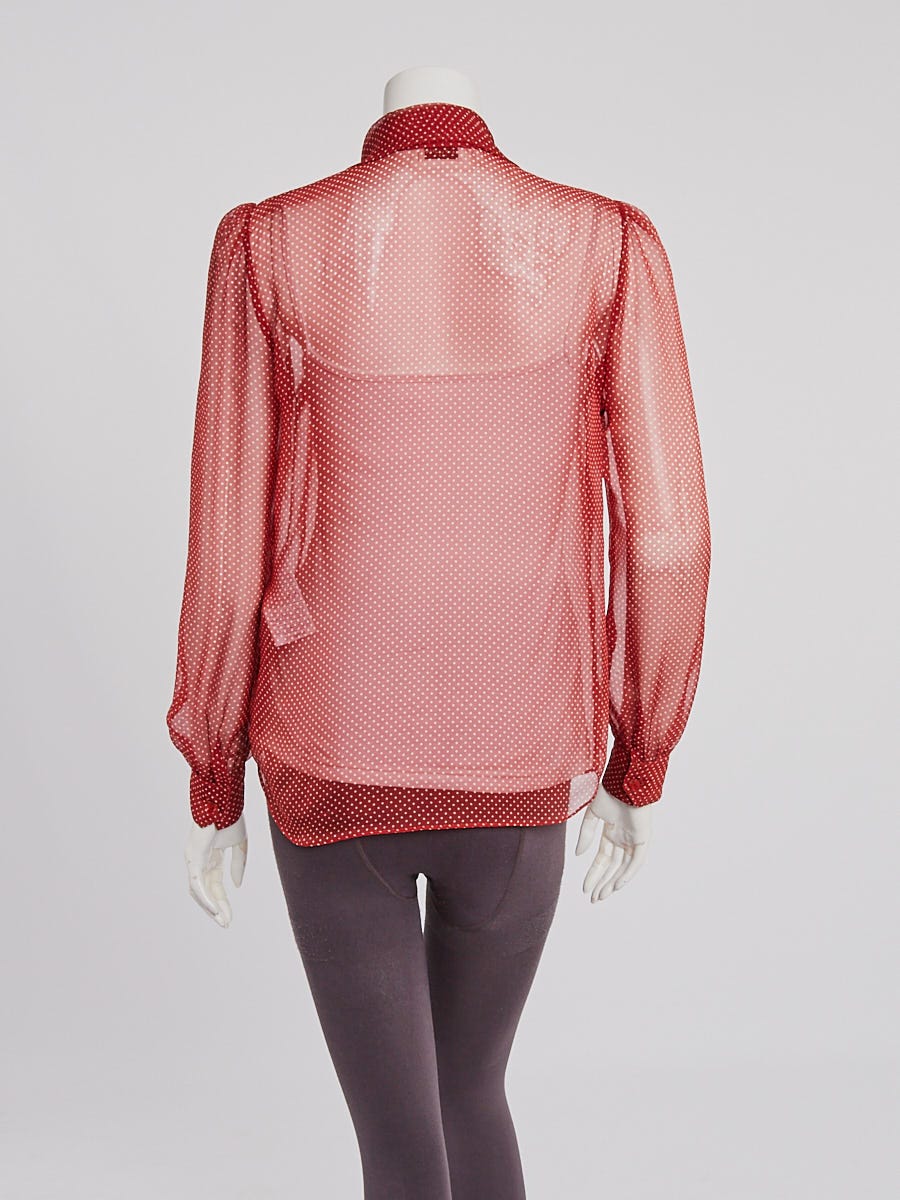Yves Saint Laurent Red/White Silk Polka Dot Sheer Long Sleeve Blouse Size 2/36
