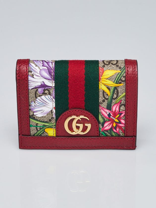 Gucci Red Leather GG Coated Canvas Flora Print Ophidia Flap Wallet