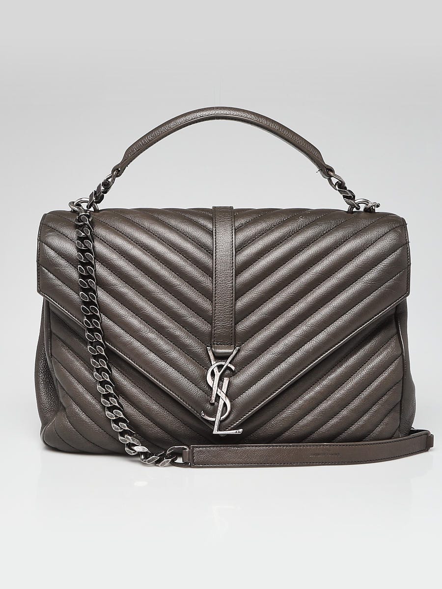 Yves Saint Laurent Grey Chevron Quilted Calfskin Leather Monogram Large College Bag