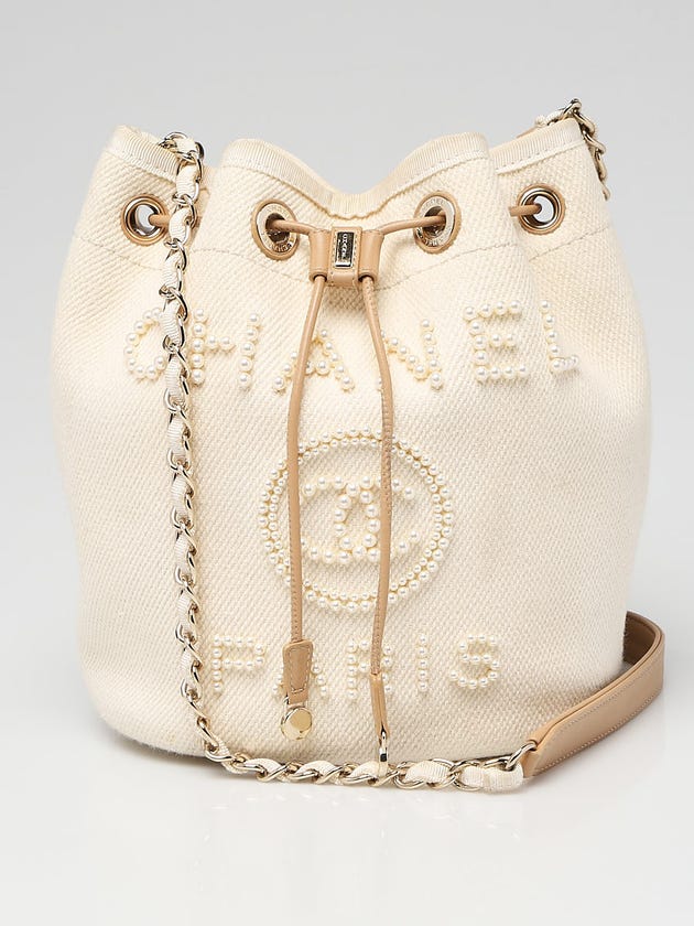 Chanel Light Beige Canvas Pearl Deauville Bucket Bag