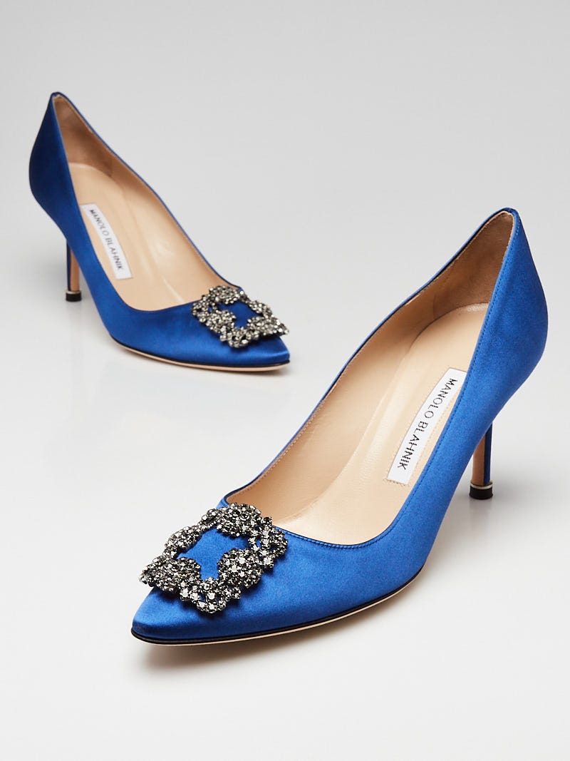 Manolo Blahnik Blue Satin and Crystal Buckle Hangisi 70 Pumps Size