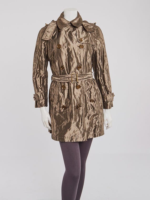 Burberry Brit Army Green Metallic Polyester Trench Coat Size 8/42