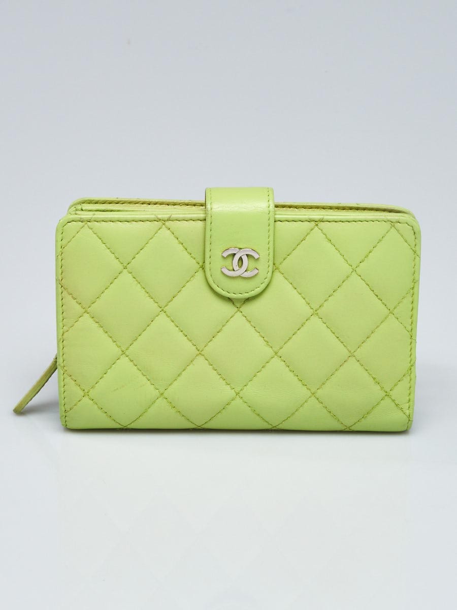 Chanel Light Green Lambskin Quilted Leather L-Zip Compact French Purse Wallet