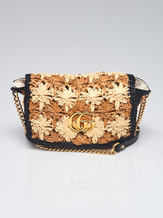 Gucci Brown/Black Raffia GG Marmont Small Shoulder Bag