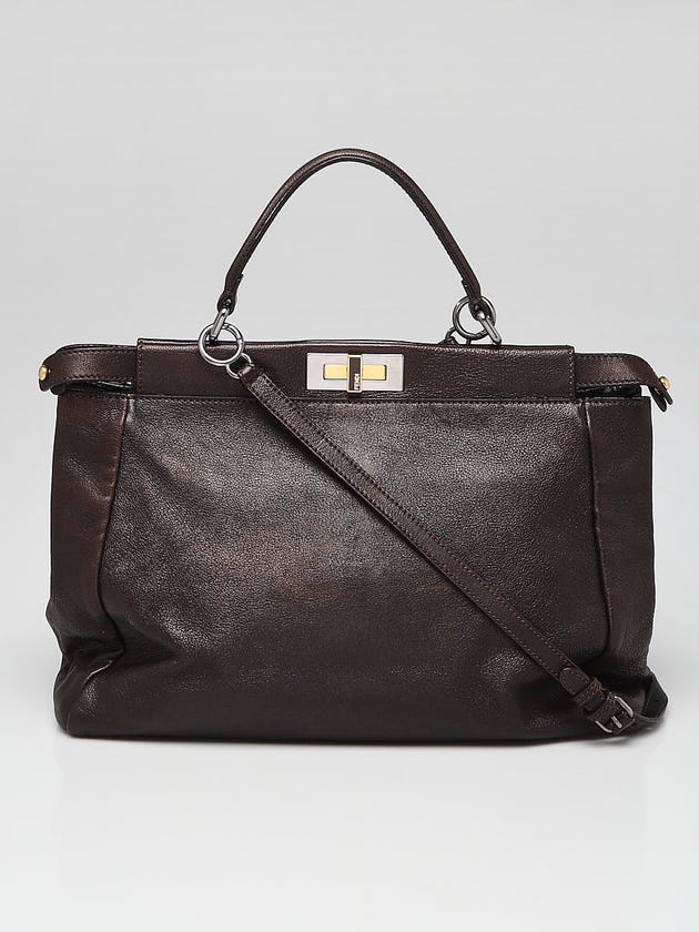 Fendi Brown Pebbled Leather Large Peekaboo Satchel Bag - 8BN210