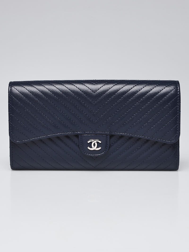 Chanel Blue Quilted Chevron Caviar Leather L Gusset Flap Wallet