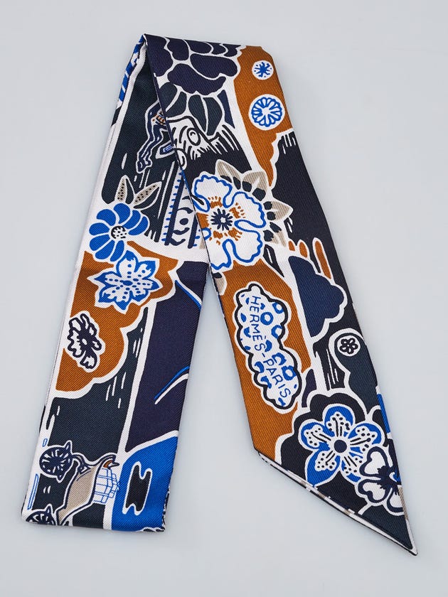 Hermes Marine/Tabac/Blanc Bingata Print Silk Twilly
