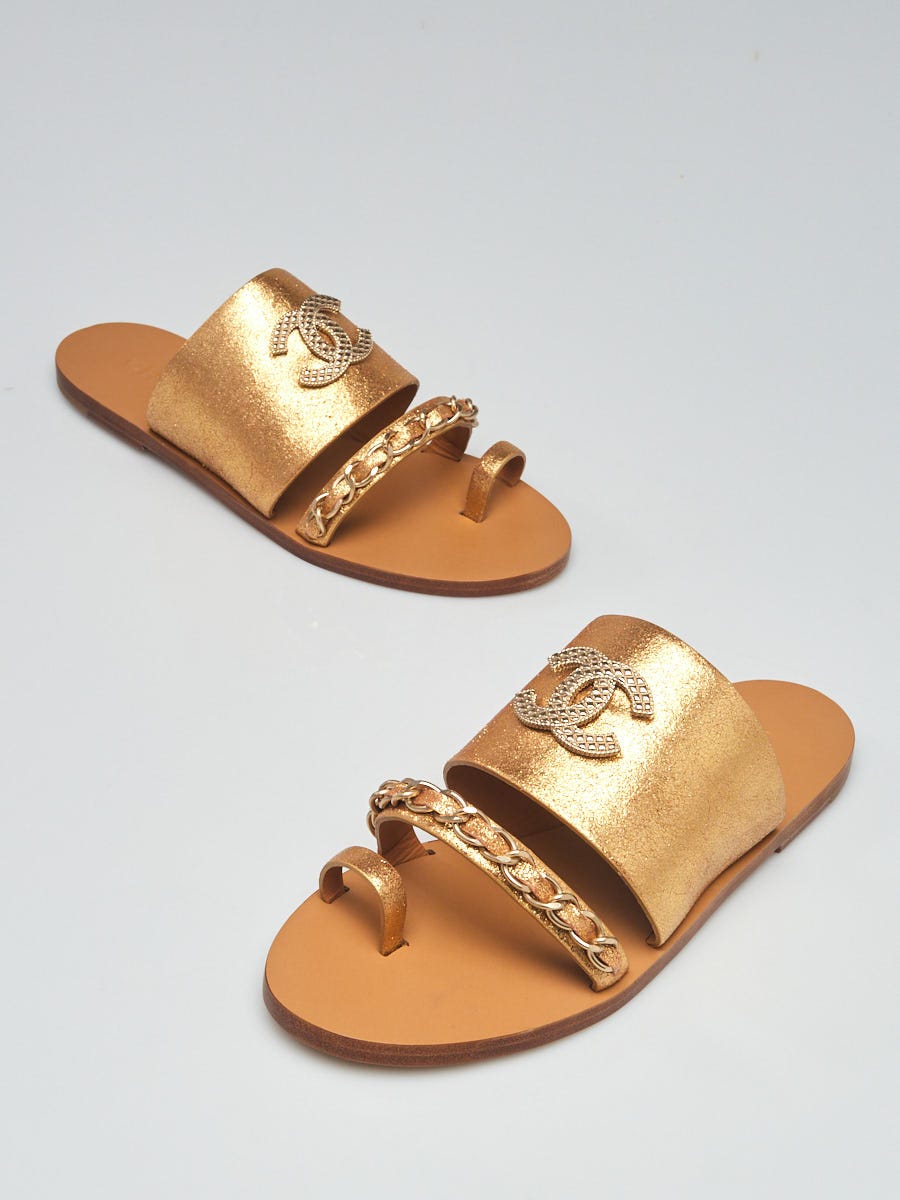 Chanel Gold Leather and Chain CC Flat Sandals Size 9.5/40 - Yoogi's Closet