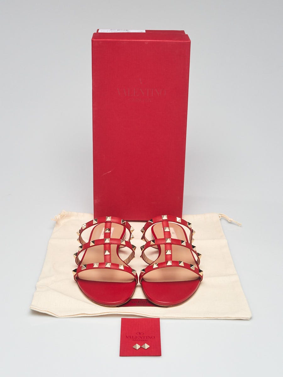 Valentino Red Leather Rockstud Open Toe Slide Flat Sandals
