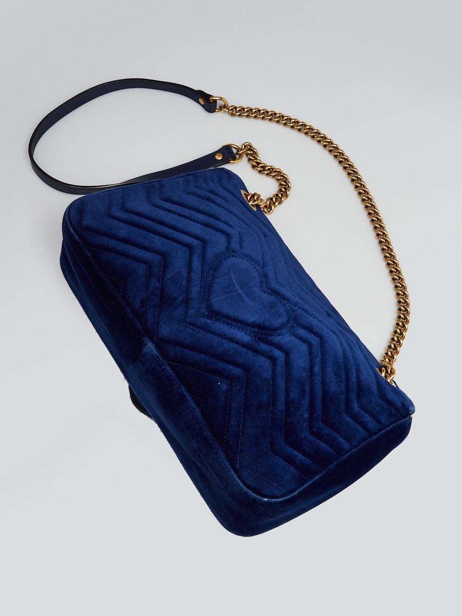 Gucci Blue Quilted Velvet Embroidered Modern Medium Marmont Bag