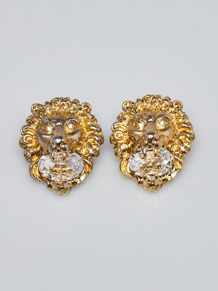 Gucci Goldtone Metal Crystal Lion Head Clip-On Earrings - Yoogi's Closet