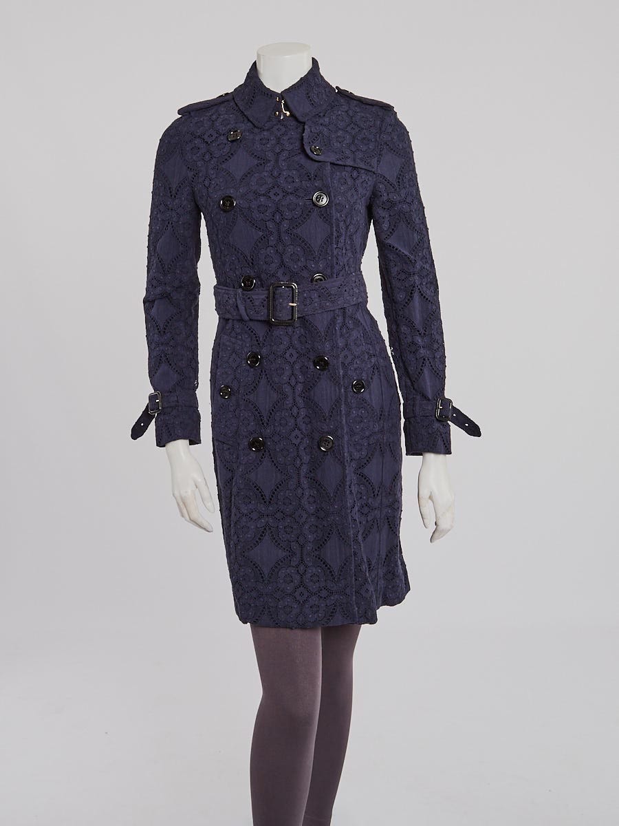 Burberry London Blue Cotton Lace Long Kensington Trench Coat Size 2/36