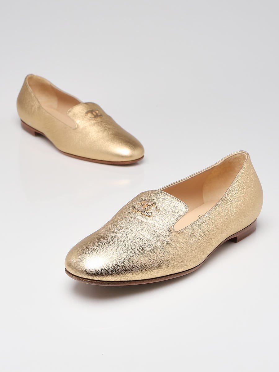 Chanel Gold Leather Perforated CC Loafers Size 8.5/39