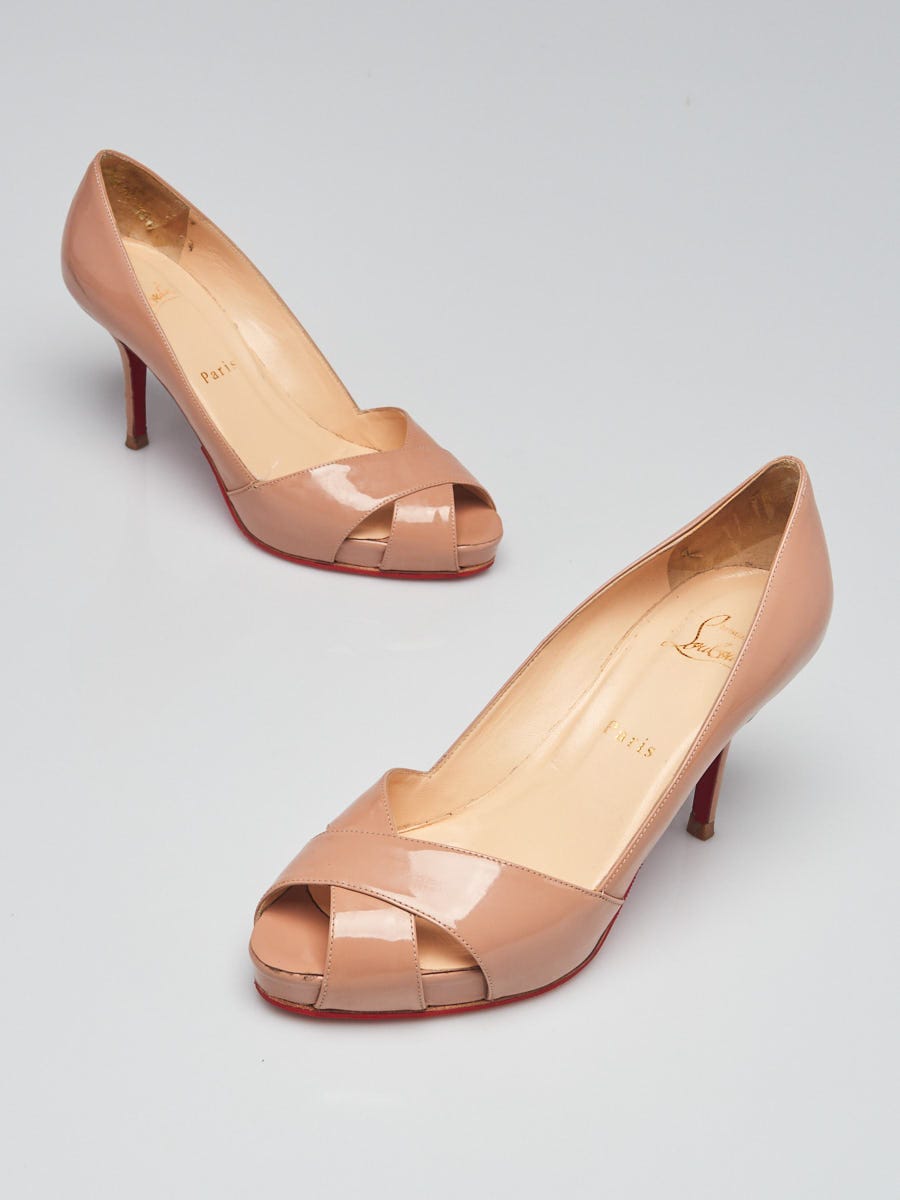 Christian Louboutin Nude Patent Leather Shelley 85 Peep Toe Pumps