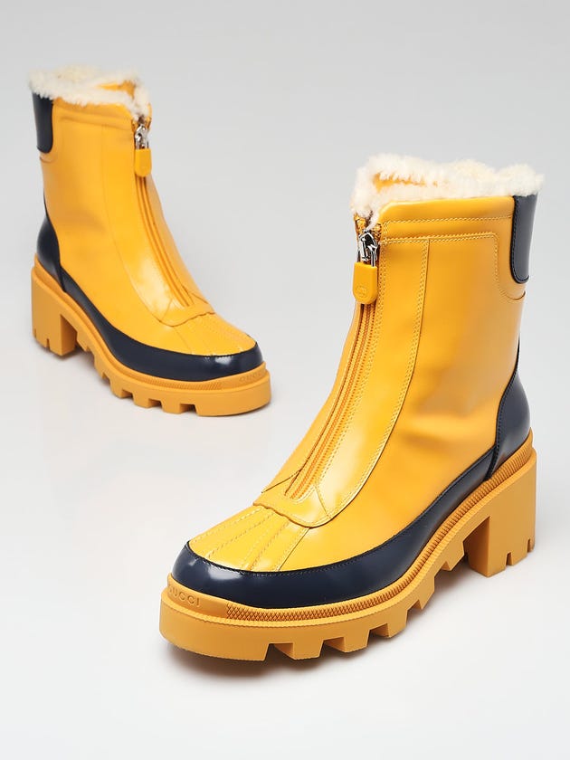 Gucci Yellow/Blue Leather and Shearling Zip Boots Size 9/39.5