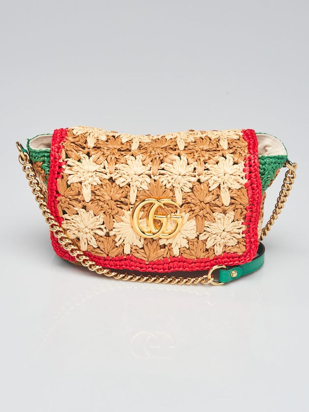 Gucci Brown/Red/Green Raffia GG Marmont Small Shoulder Bag