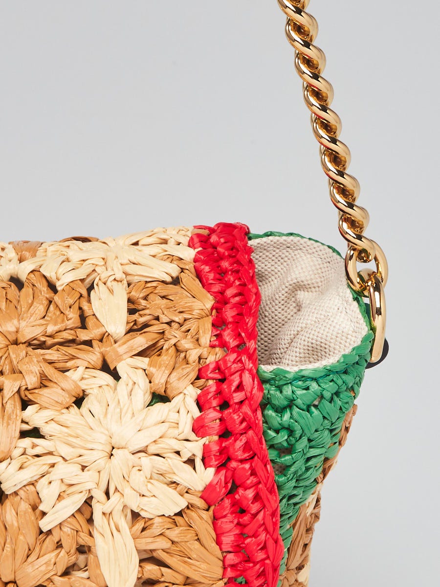 Gucci Brown/Red/Green Raffia GG Marmont Small Shoulder Bag
