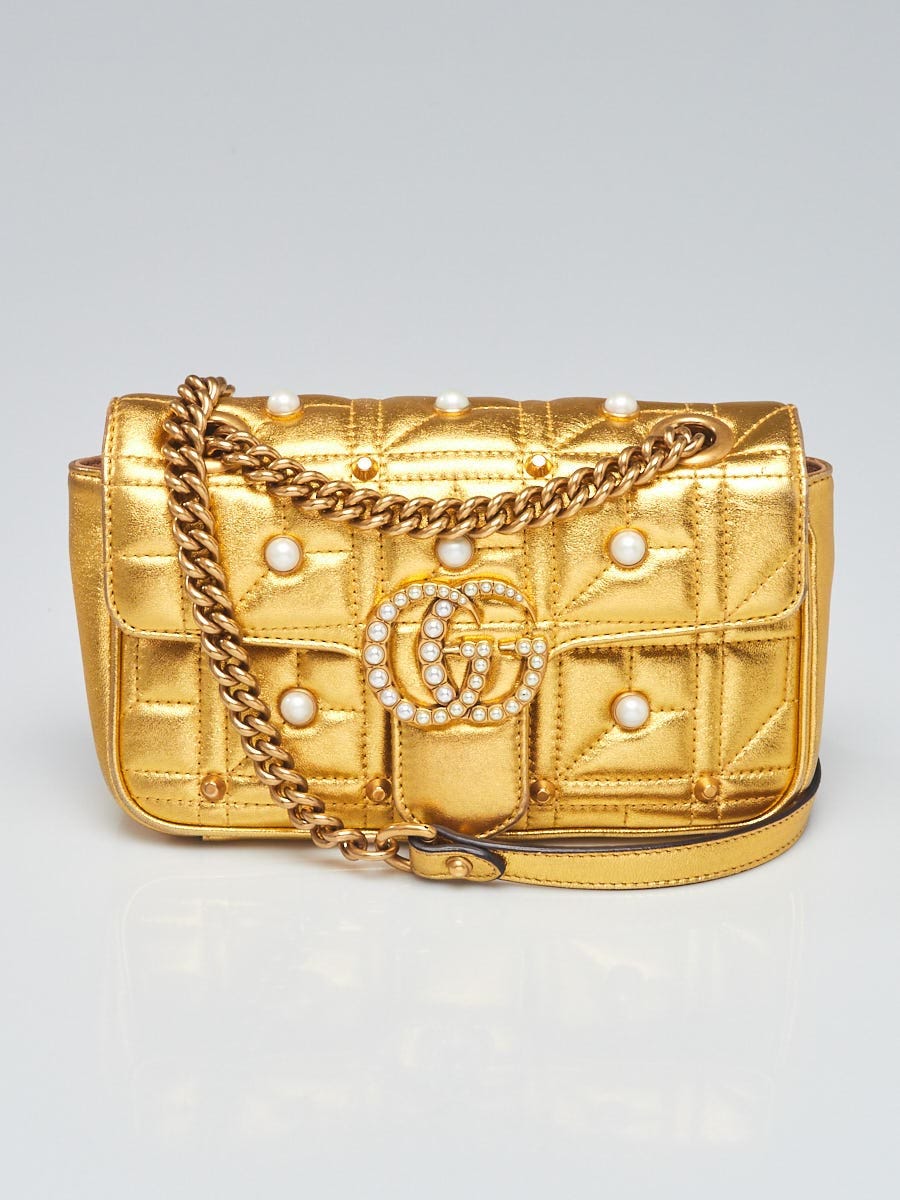 Gucci Gold Quilted Leather and Imitation Pearl  Marmont Mini Shoulder  Bag - Yoogi's Closet