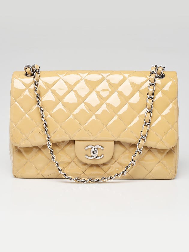Chanel Beige Quilted Patent Leather Classic Jumbo Double Flap Bag