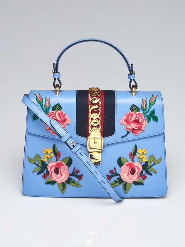 Gucci Light Blue/Multicolor Leather Floral Embroidered Medium Sylvie Top Handle Bag