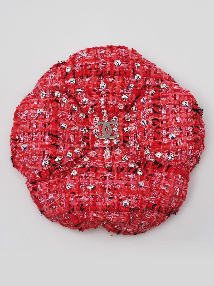 Chanel Red/Pink Tweed and Crystal CC Camellia Brooch - Yoogi's Closet