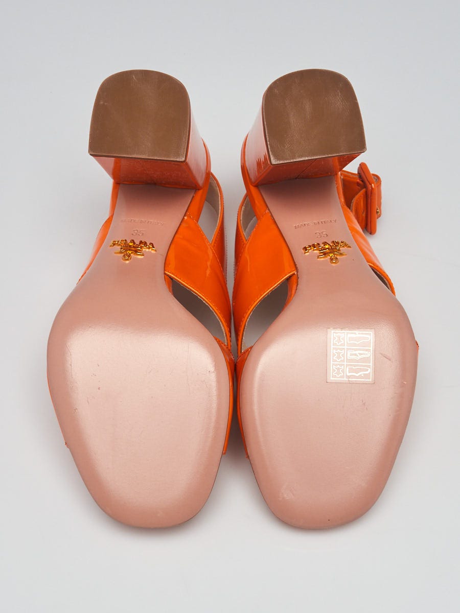 Prada Orange Patent Leather Open Toe Heeled Sandal Size 4.5