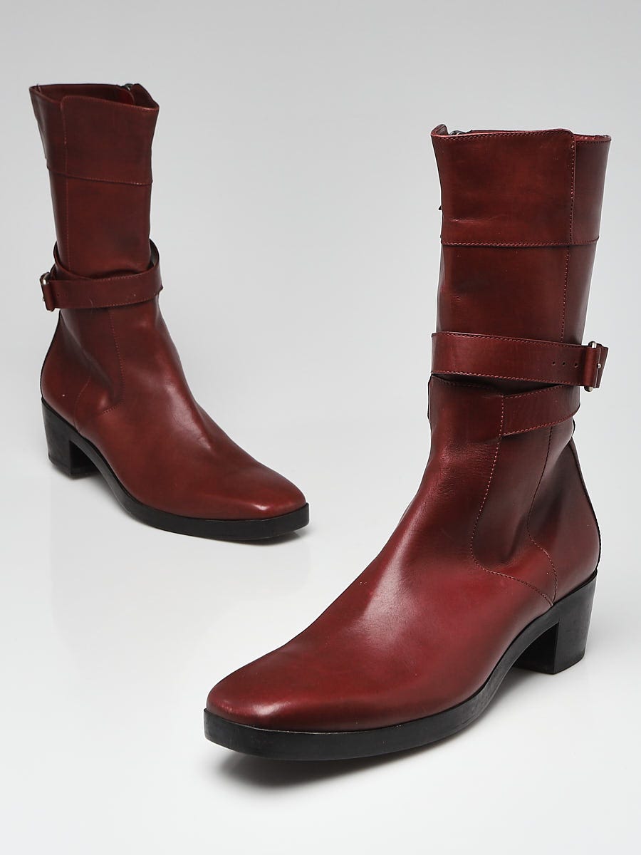 BALENCIAGA BURGUNDY RED CORDOVAN LEATHER MID CALF HEEL BOOTS 36 Pre-owned