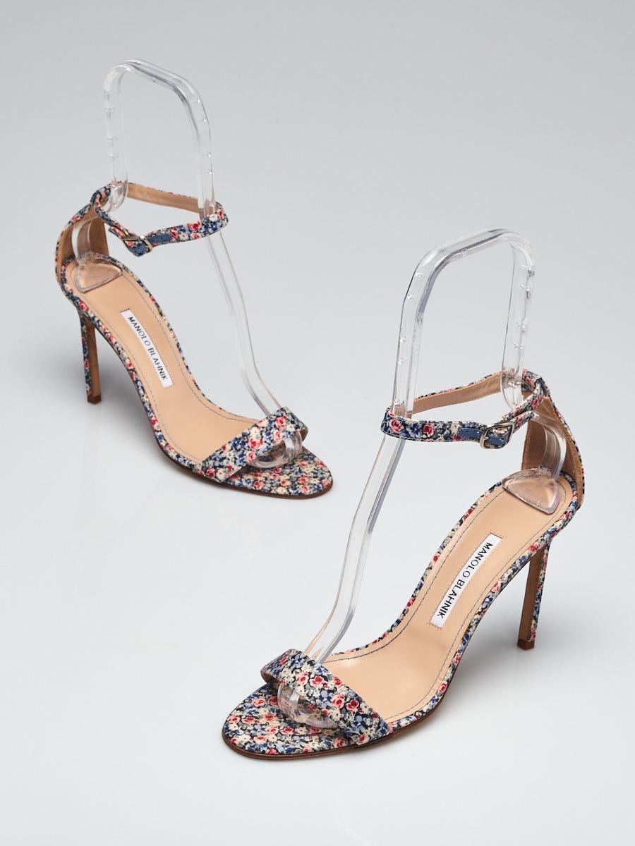 Manolo Blahnik Blue Floral Print Satin Open-Toe Chaos Sandals Size 8/38.5 |  Yoogi's Closet