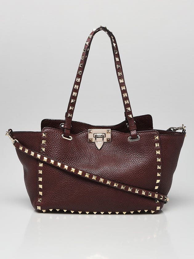 Valentino Burgundy Pebbled Leather Rockstud Trapeze Small Tote Bag