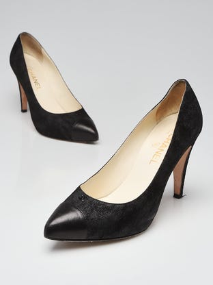 Chanel Beige/Black Leather and Patent CC Cap Toe Scrunch Block Heel Pumps Size 4