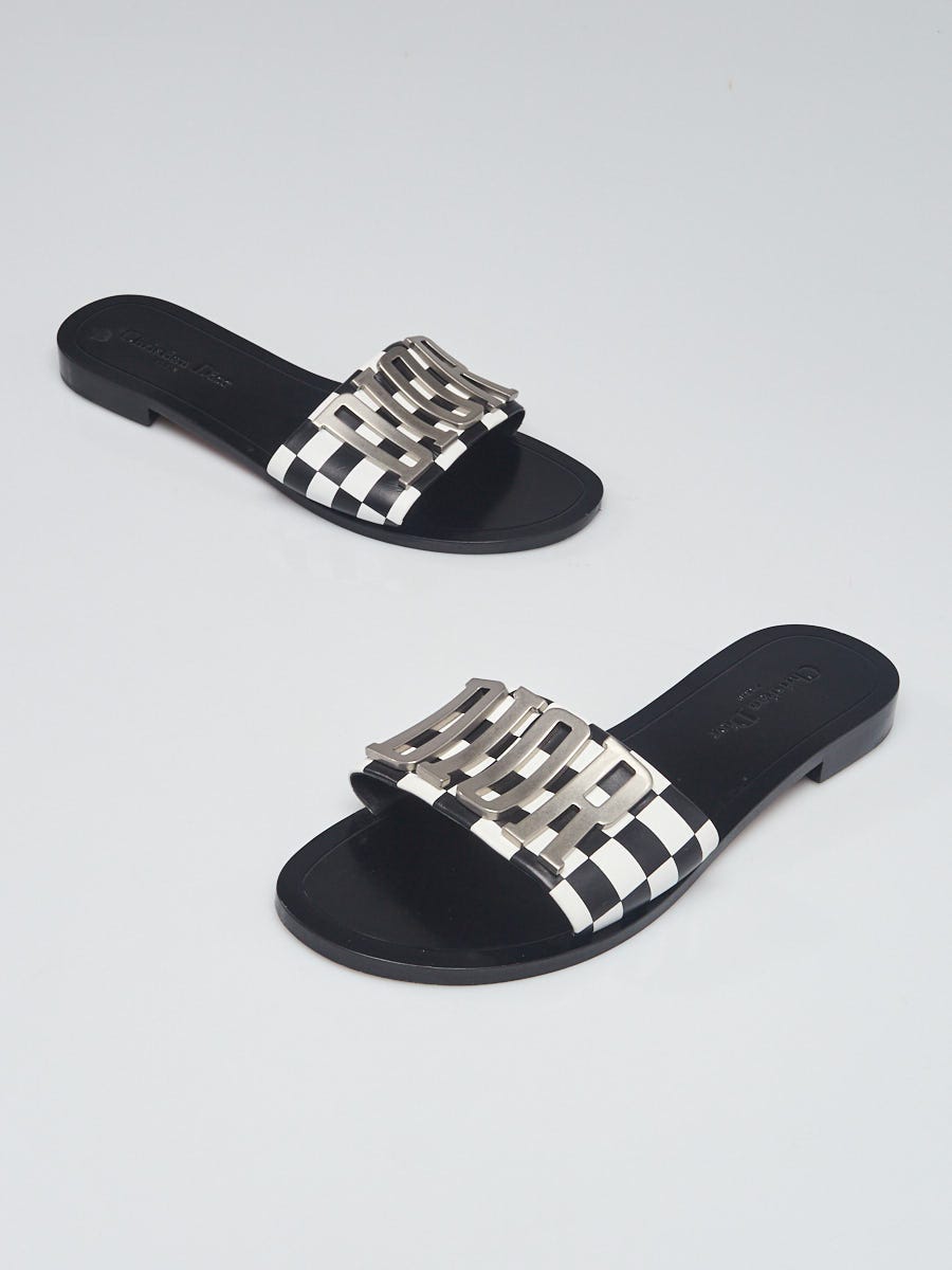 Dior Black/White Leather Print Evolution Slide Sandals 10.5/41 - Yoogi's Closet