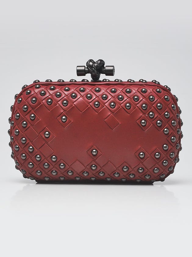Bottega Veneta Dark Red Woven Leather Studded Knot Clutch Bag