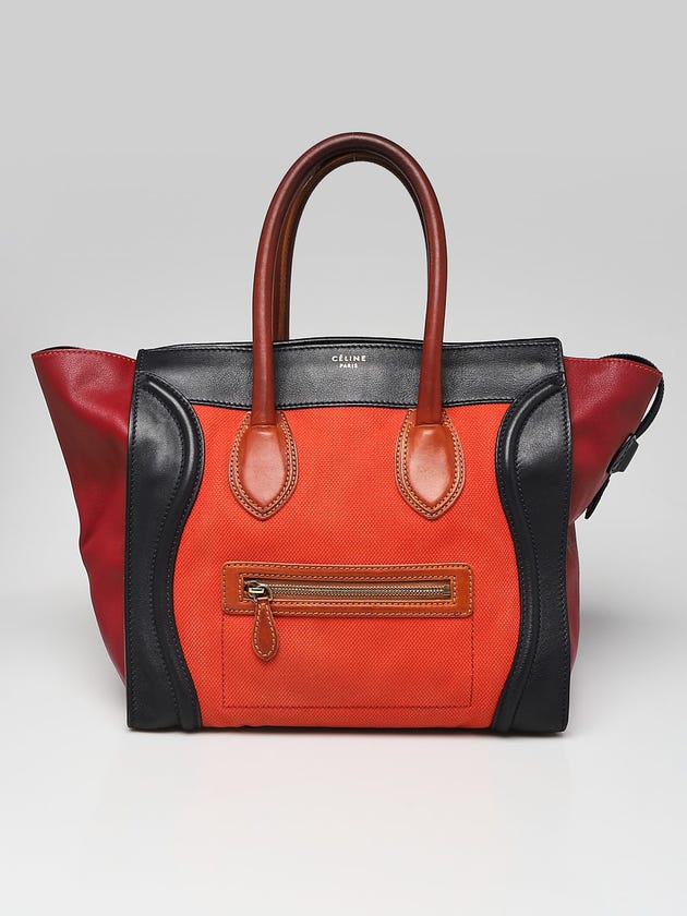 Celine Poppy/Multicolor Calfskin Leather and Canvas Mini Luggage Tote Bag