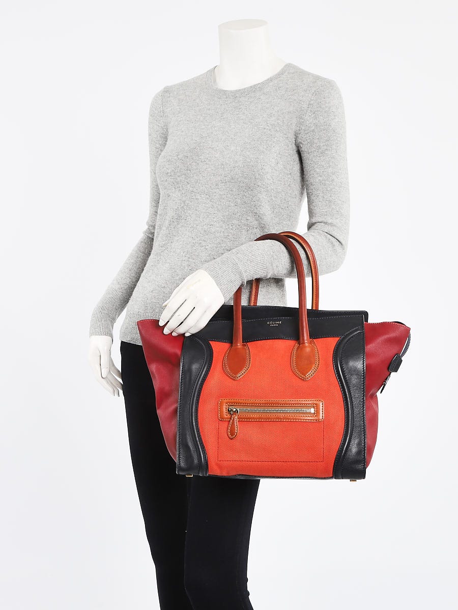 Celine Poppy/Multicolor Calfskin Leather and Canvas Mini Luggage Tote Bag